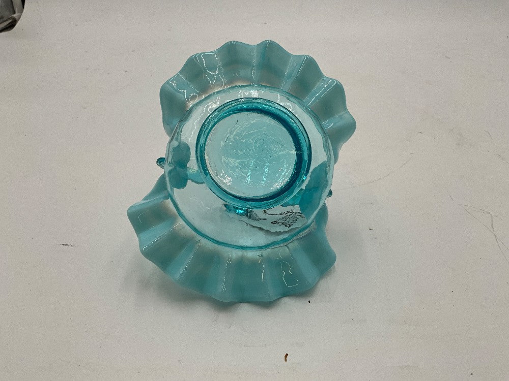 Fenton Blue Opalescent Ruffled Basket