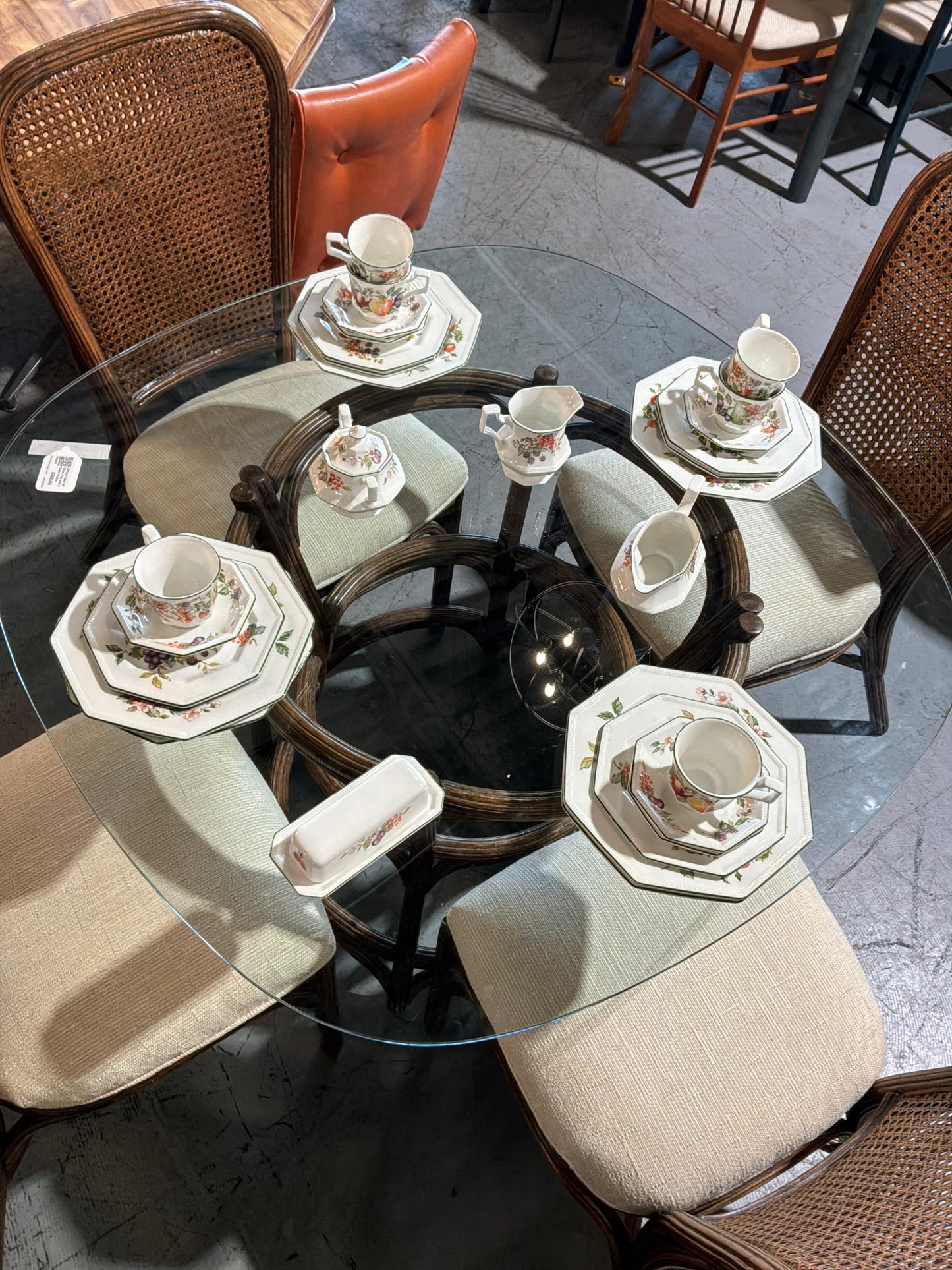 Dining Table W/ Glass Top and 4 Cane Chairs