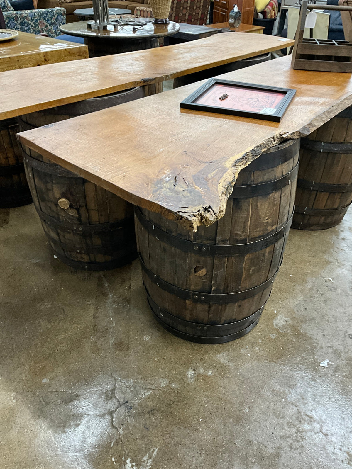 2 Whiskey Barrels w/ Live Edge Top