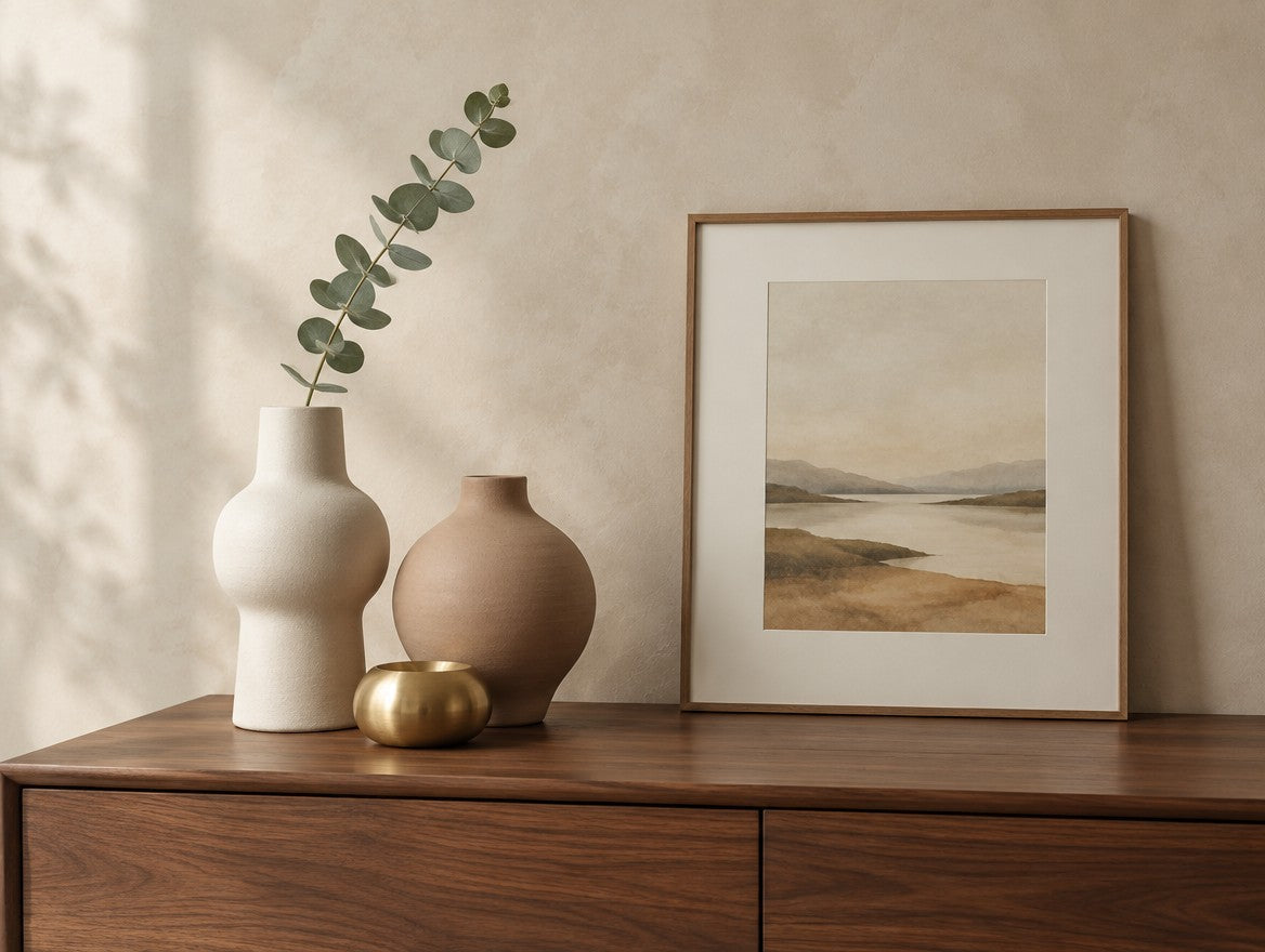 Modern home decor on a walnut console: sculptural ceramic vases, a brass object and a framed print