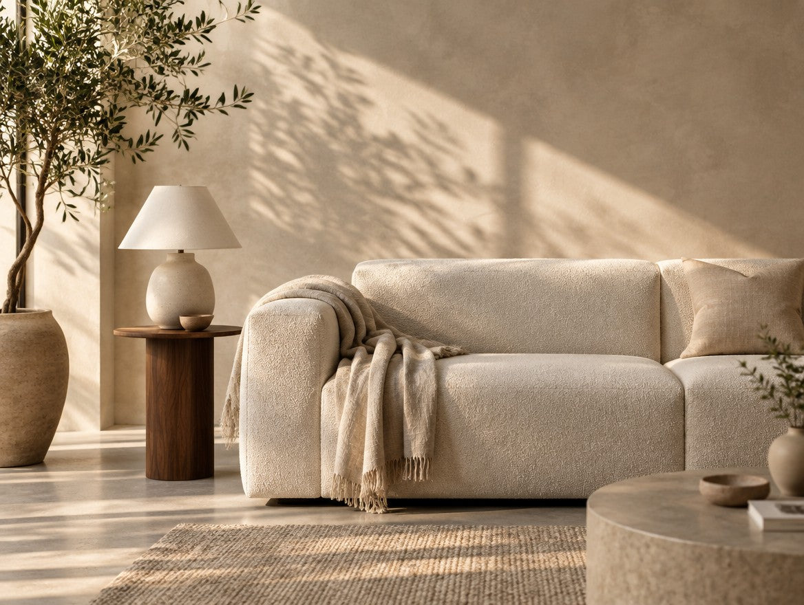Modern living room with a cream boucle sofa, walnut side table and ceramic lamp in warm daylight
