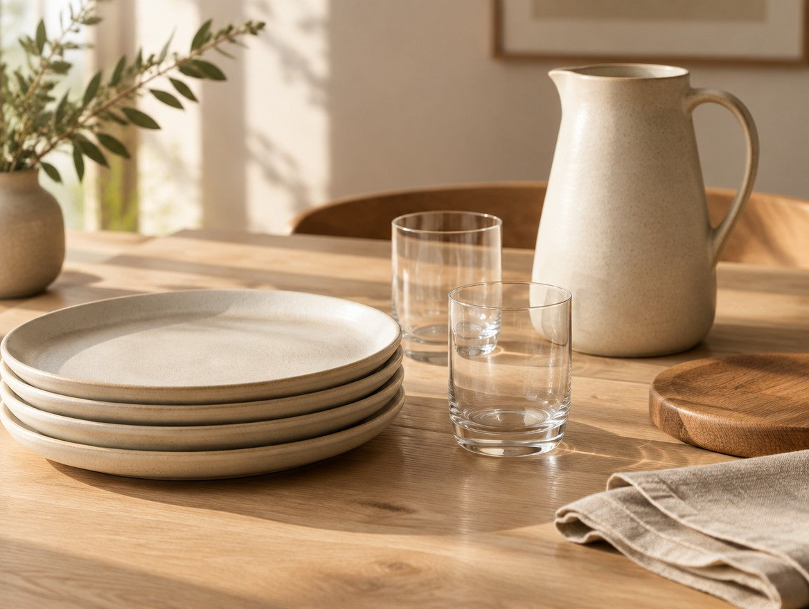 Modern kitchenware on a pale oak table: stoneware plates, glass tumblers and a ceramic pitcher