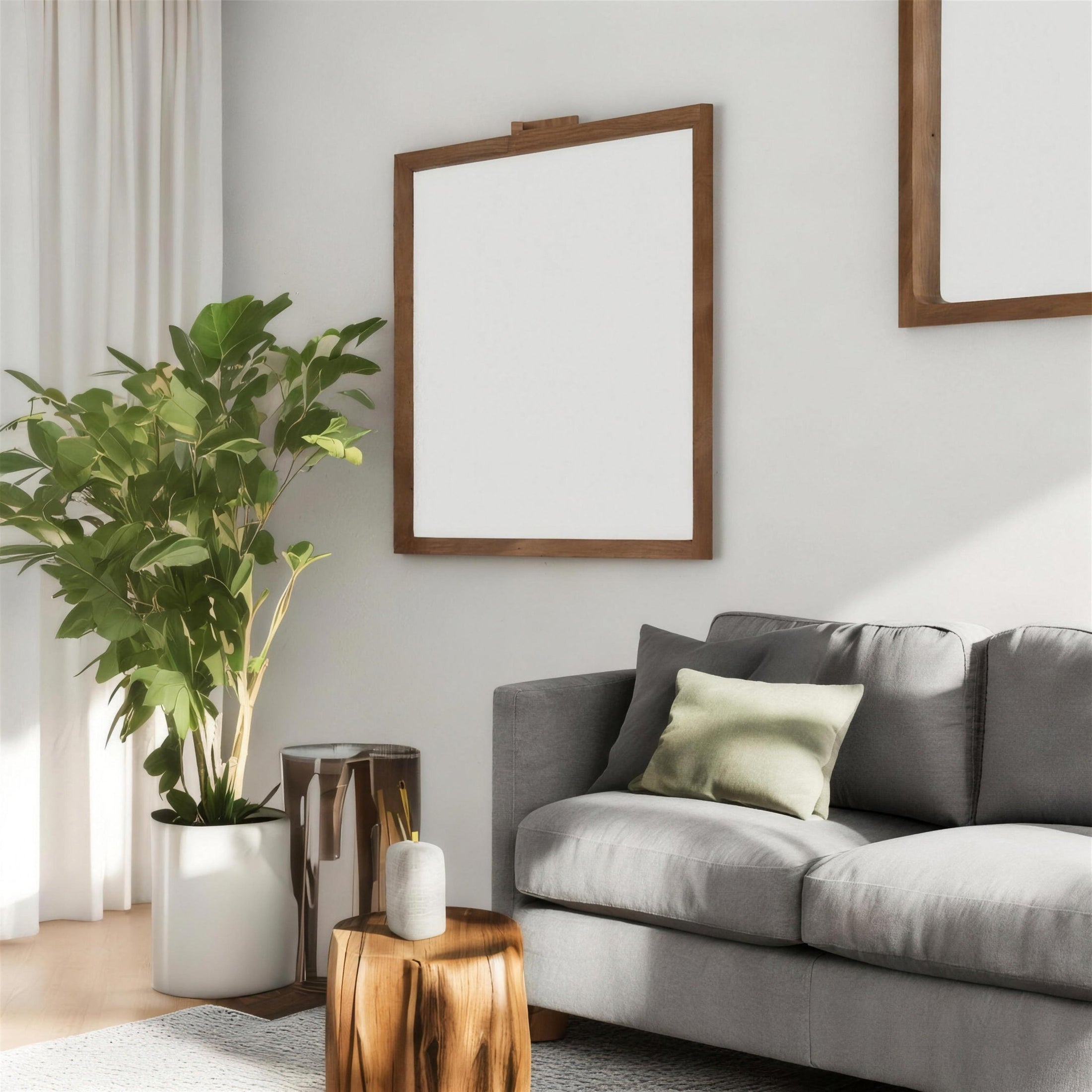 Consigned living room with a grey sofa, plant and framed art