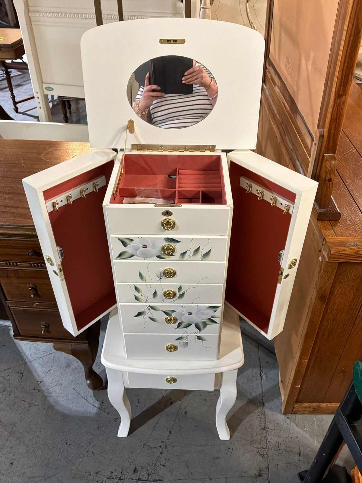 White Jewelry Armorire W/ Floral Painted Details