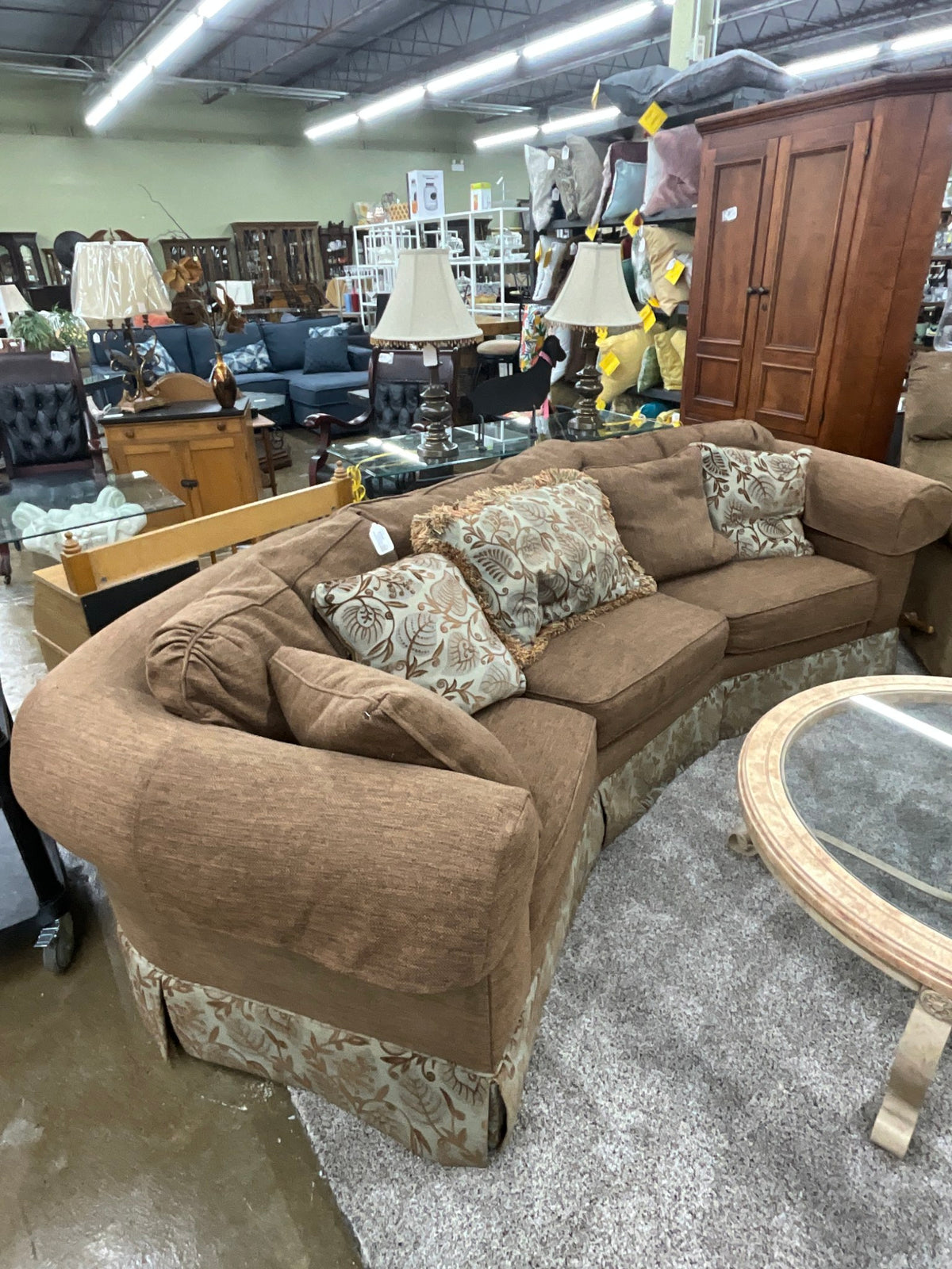 Wesley Hall Down Filled Brown Curved Sofa w/ Pillows