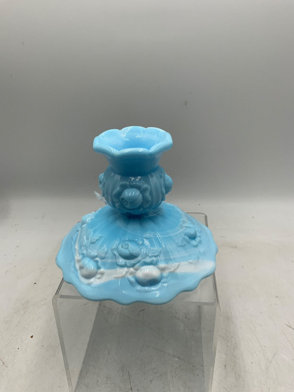 Fenton Cabbage Rose Marble Blue Candle Holder