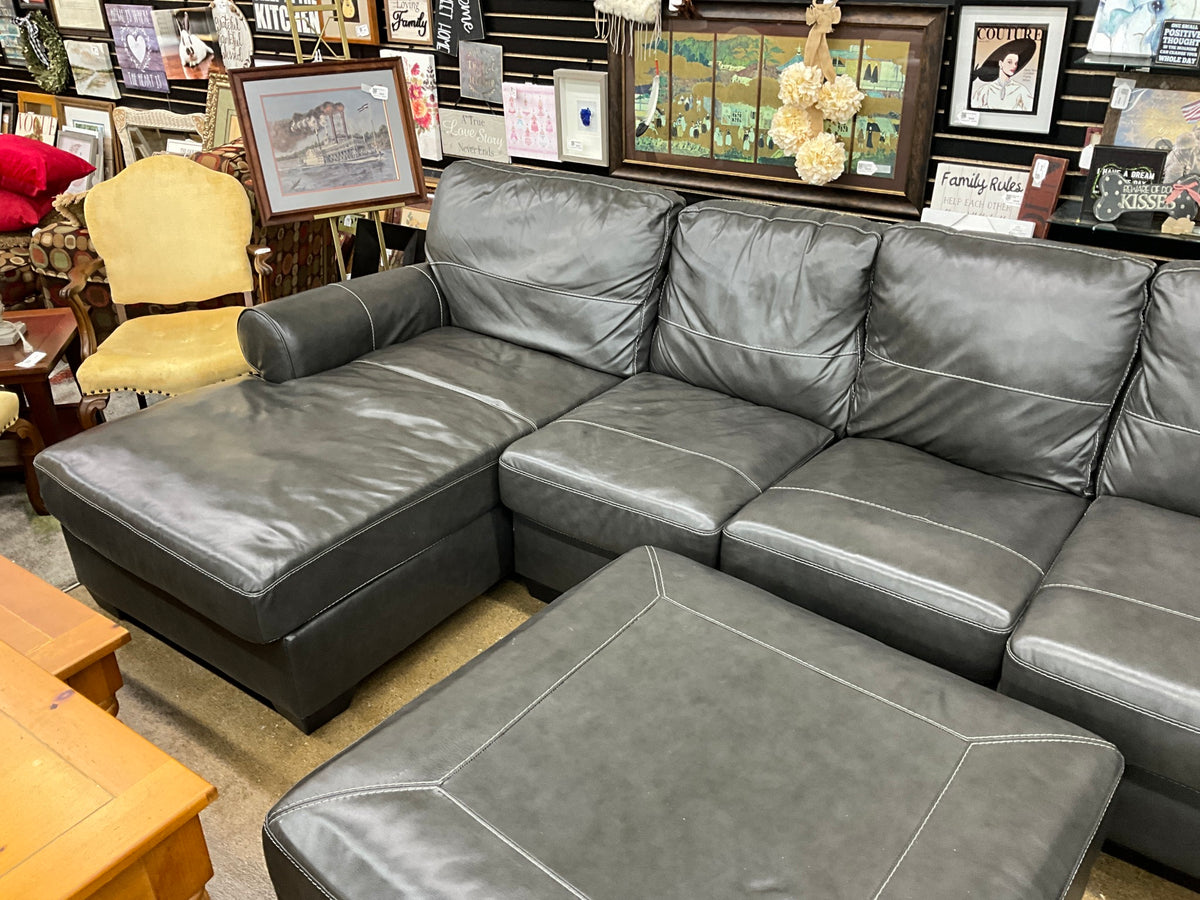 Grey Leather Sectional & Ottoman
