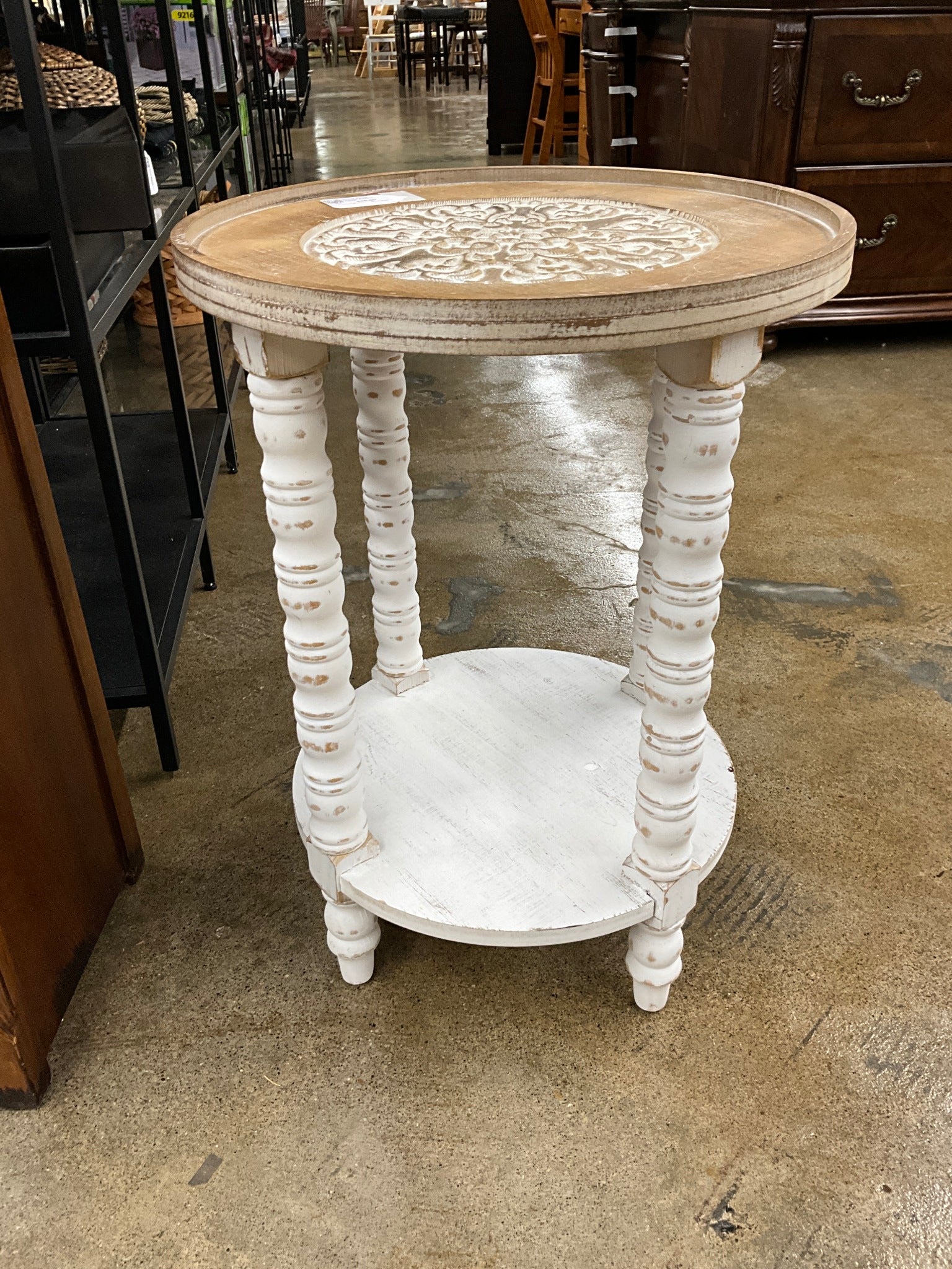 Round Wood Carved Accent Table