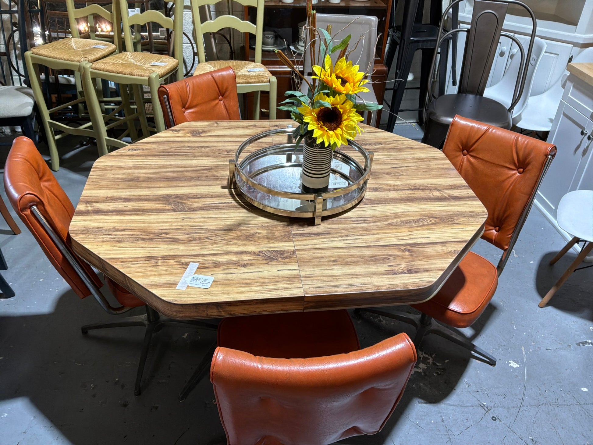 Vtg. Hexagon Wood Dining Table w/ 4 Orange Leather Chairs