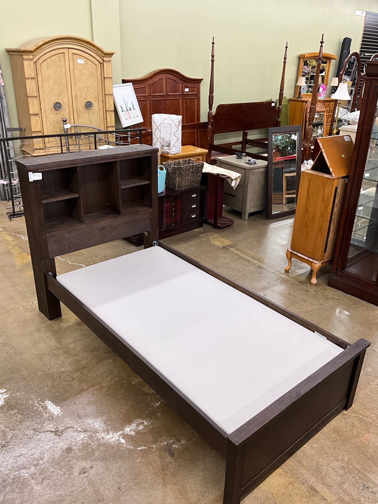 Wood Twin Platform Bed w/ Shelf Headboard