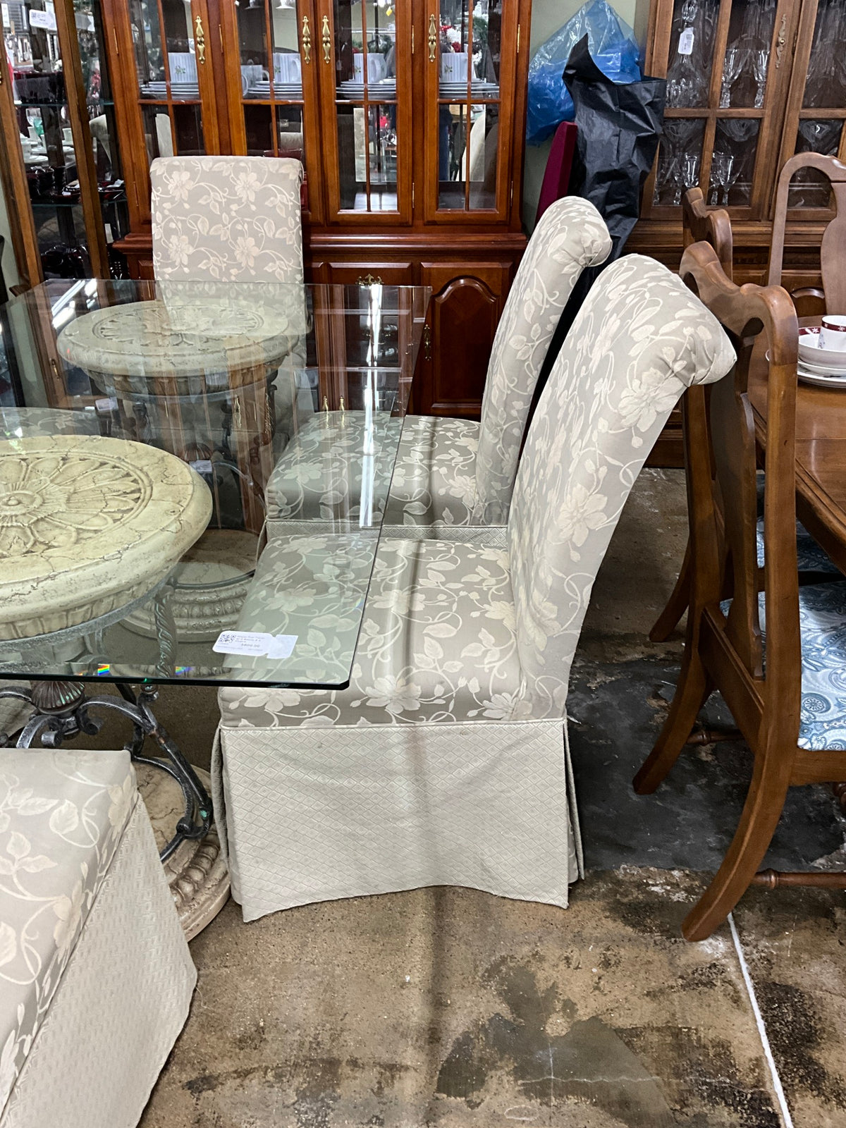 Glass Top Table w/ 2 Bases & 6 Chairs