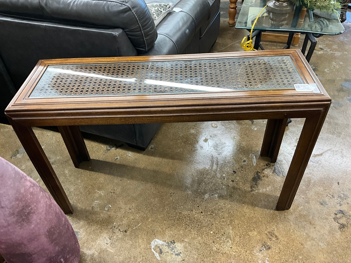 Cane Sofa Table with Glass