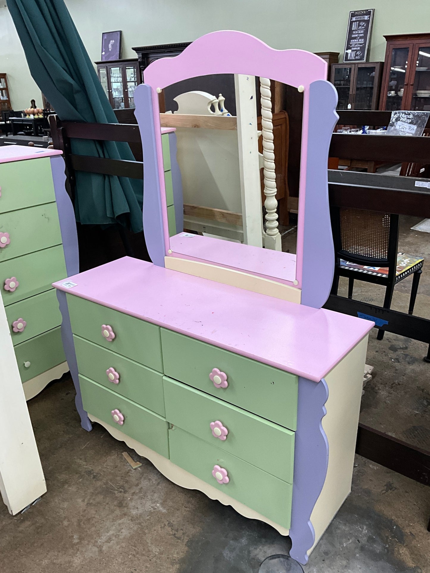 Pink-Purple-Green Dresser w/ Mirror