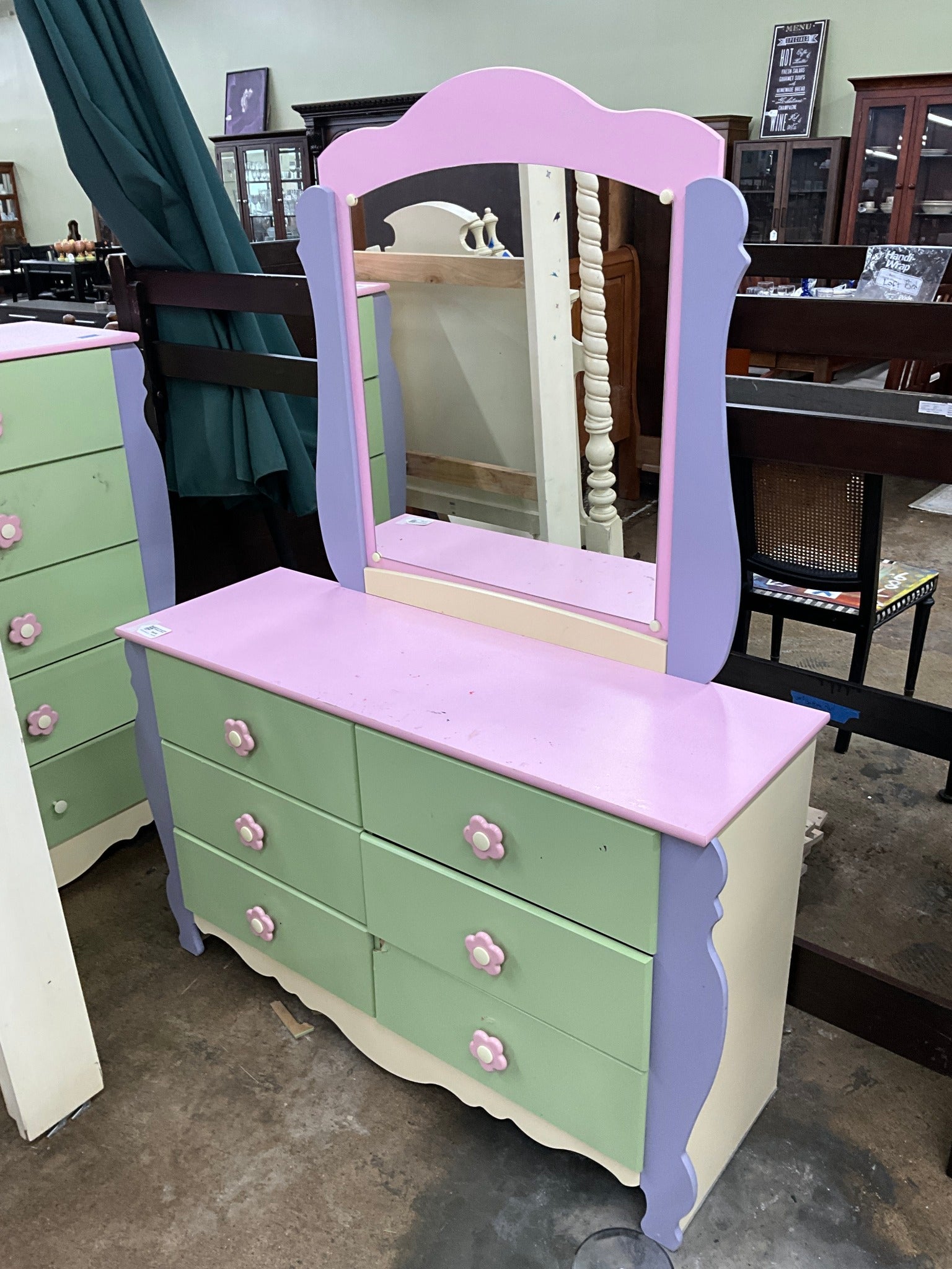 Pink-Purple-Green Dresser w/ Mirror