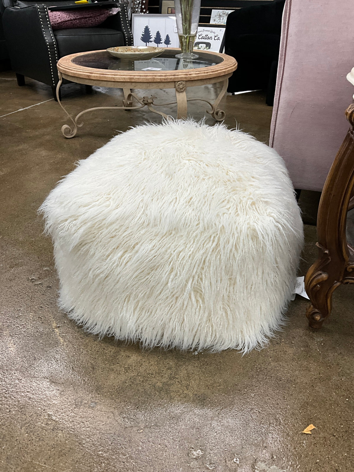 White Shag Poof