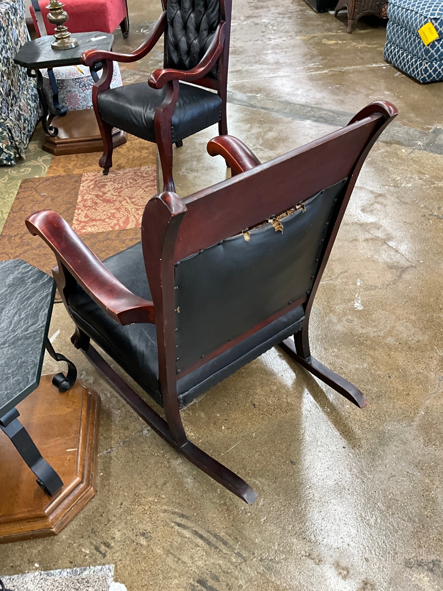 Antique Leather & Wood Tufted Rocker