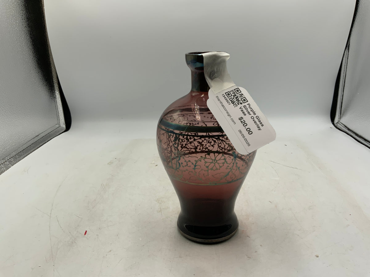 Purple Glass Silver Overlay Vase