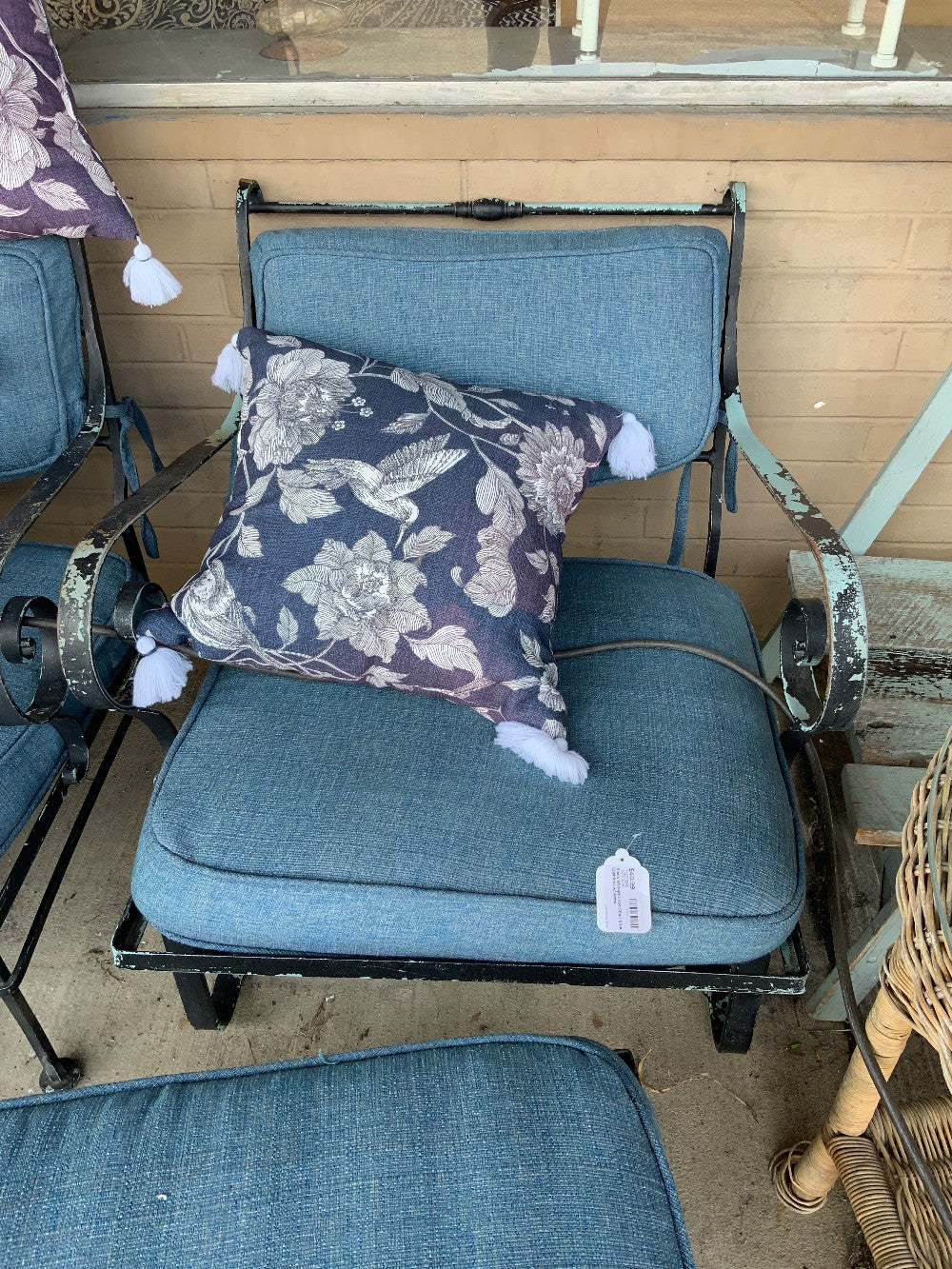Black Wrought Iron Chair Blue Cushions w/ Arms