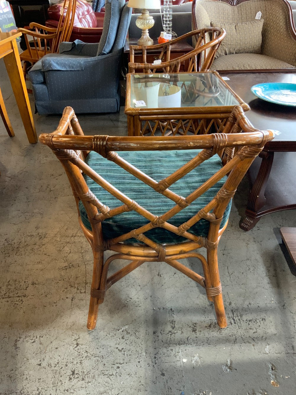 Wood Chairs W/ Green /Blue Cushions