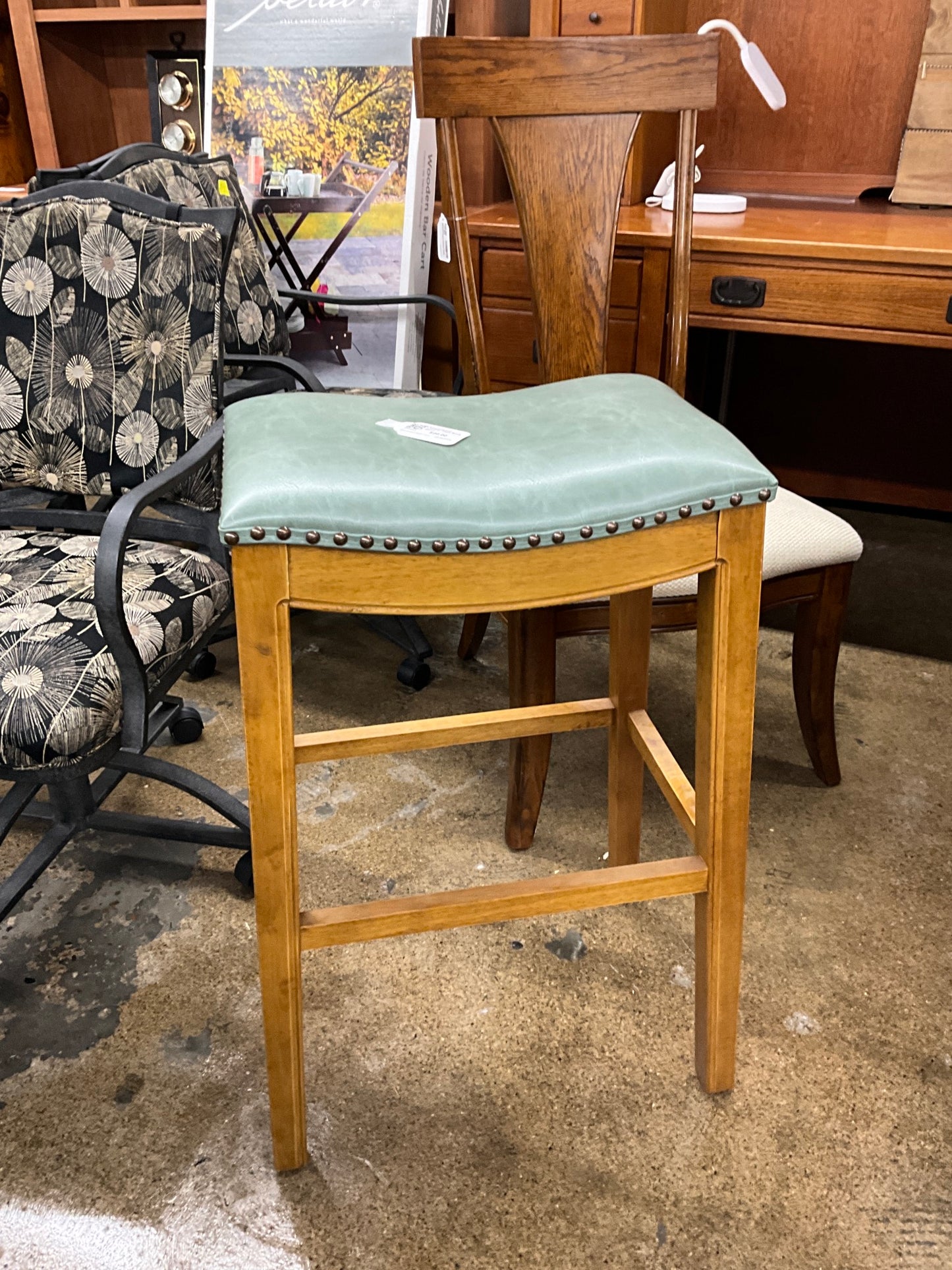 Wood/Green Leather High Back Stool
