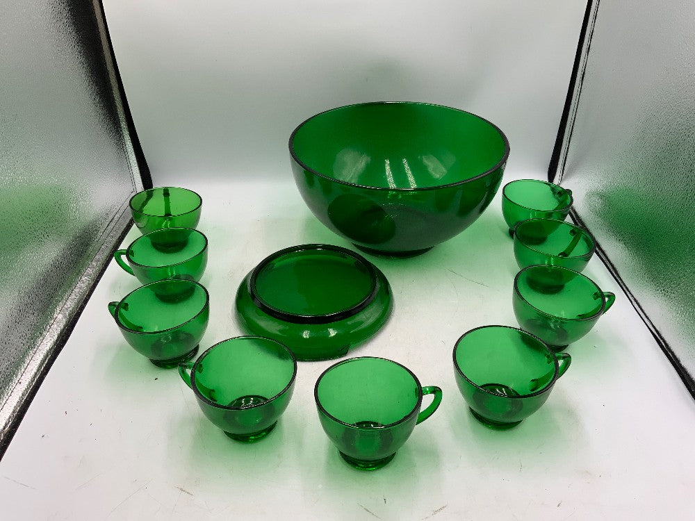 Forest Green Anchor Hocking Punch Bowl with Cups and Stand